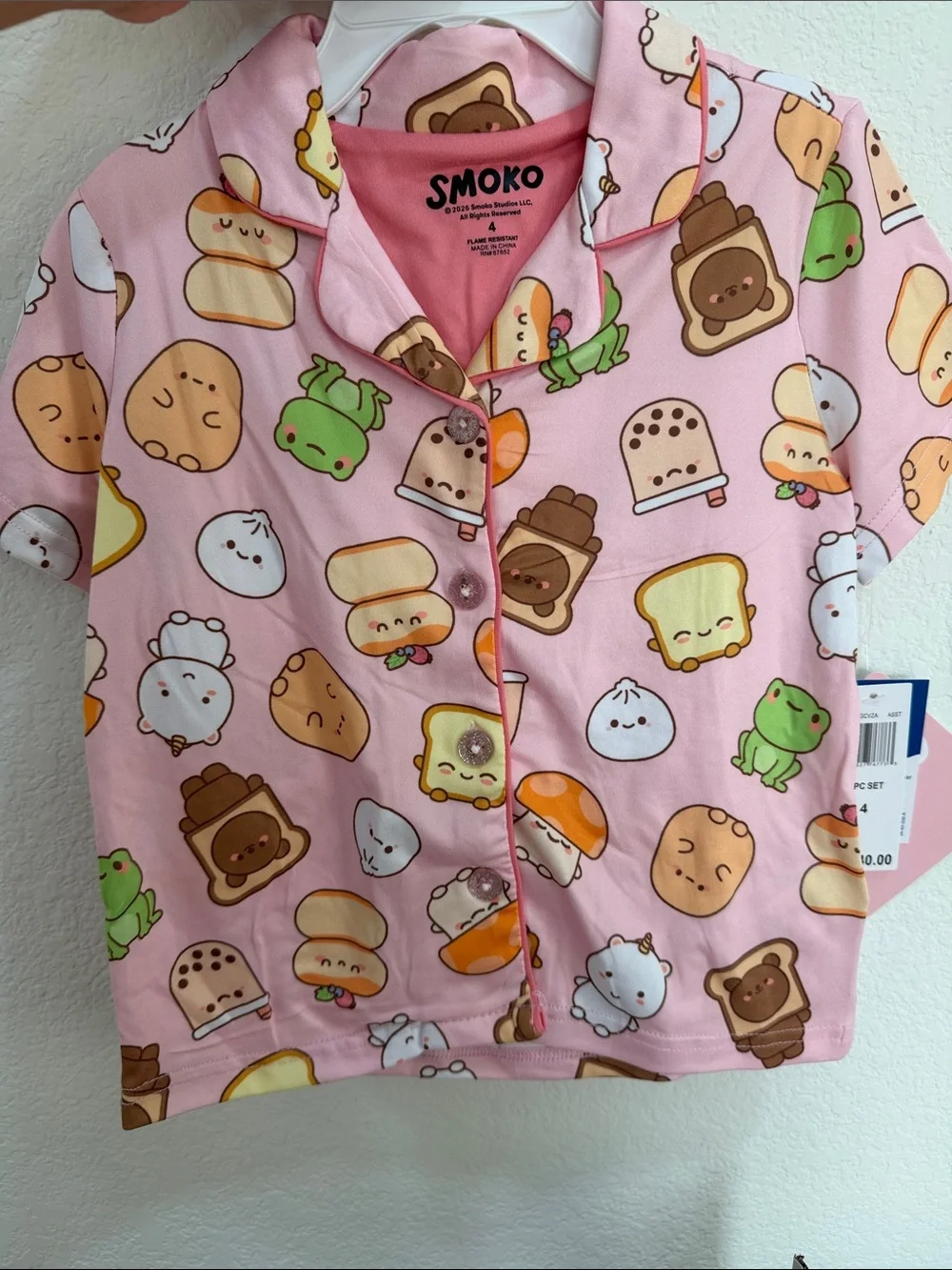 Smoko Kids Pink Short-Sleeve Pajama Top with Cute Snack Characters